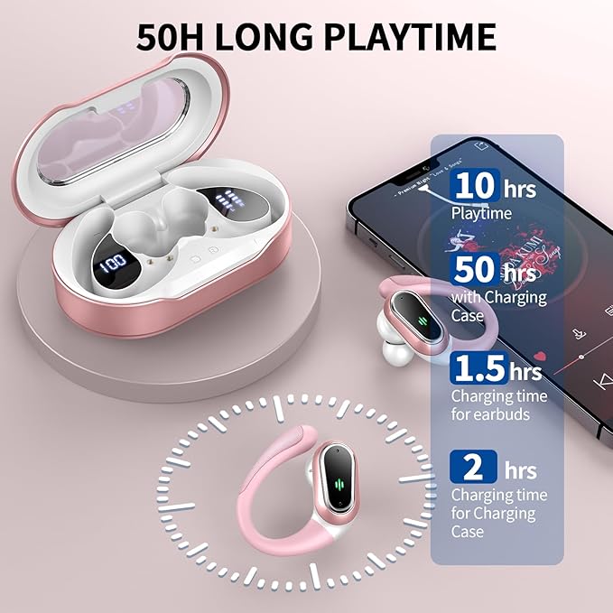 Wireless Earbuds, 2025 Bluetooth 5.4 Headphones Sport, Bluetooth Earbuds with ENC Noise Canceling Mic, 50H Stereo Wireless Headphones IP7 Waterproof with Earhooks, Dual LED Display for Workout/Running