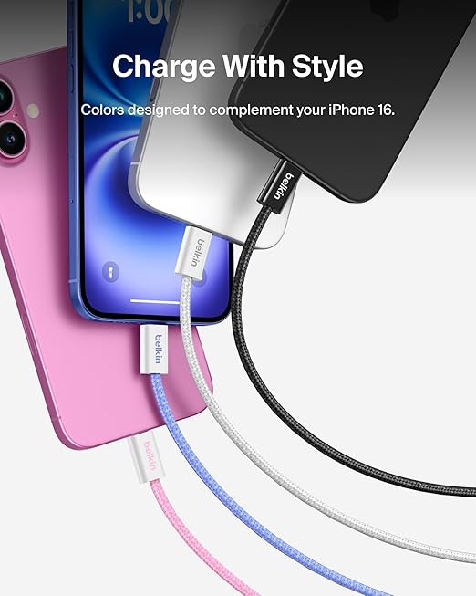 Belkin USB C to USB C Cable, 3.3ft, 60W - Type C Charger, iPhone Charger Cord, Soft, Braided, Flexible for iPhone 16, Galaxy S25, Pixel 9, Airpods, iPad Pro, Tablet & More, Travel Essentials - Blue