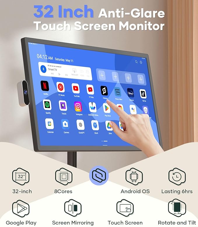 Cozyla Mate 32 Inch Mobile Portable TV Stand on Wheels Support Google Store Full Swivel Rotation Portable Touch Screen Monitor Built-in Battery Smart Rolling Tablet TV 4K Camera Remote Control Black