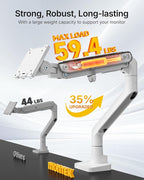 monTEK Heavy-Duty Monitor Arm for 17-57" Ultrawide Curved Screen, Supports up to 59.4 lbs, Adjustable Gas Spring Arm, 75/100 VESA Mount, Clamp & Grommet Desk Monitor Mount Single, White