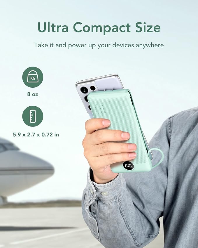 VEGER Portable Charger for iPhone with Built in Cables and Wall Plug, 10000mah Slim Fast Charging USB C Power Bank, Travel Essential Battery Pack Compatible with iPhone, iPad, Samsung etc(Green)