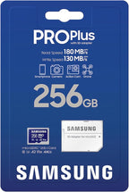 Samsung PRO Plus microSD Memory Card + Adapter, 256GB microSDXC, Up to 180 MB/s, Full HD & 4K UHD, UHS I, C10, U3, V30, A2, for Android Smartphones, Tablets, GoPRO, and DJI Drone (MB MD256SA/AM)