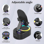 Wireless Induction Audio Bluetooth Speaker 5in1 Phone Holder Emergency Rechargeable (3000mAh) with Colorful Ambient Light 300° Foldable for Tablet iPhone Android, Gifts for Men Women (Black)