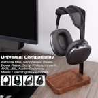 Walnut Wood & Aluminum Headset Holder, Desktop Headphone Stand, Universal headphone holder for most music gaming headsets - Black Walnut
