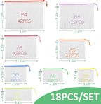 18 Pack 8 Size Mesh Zipper Pouch Bags, Waterproof Zipper Bags with Label Pocket,File Bags for Classroom Organization,Zipper Pouches of Office Supplies,Puzzles, Board Game Storage