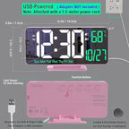 KOSUMOSU Pink Digital Clock 6.7in Desk Clock with Dual Alarm Clock, Dimming, 12/24h, Date, Day of Week, Temp, Digital LED Clock, Alarm Clock for Table, Digital Calendar Table Clocks for Bedrooms