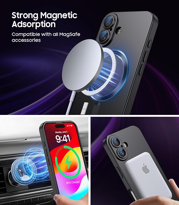 Magnetic for iPhone 16 Plus Case [Compatible with MagSafe][Built-in Camera Lens Protector] Slim Soft Silicone Bumper Shockproof Metallic Luster Phone Case (Black)