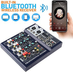 Dj Mixers 4 Channel Audio Mixer Sound Board with Bluetooth, Usb Audio Interface with 48V Phantom Power Sounds Mixer Board with FX Reverb Delay Effect for Streaming