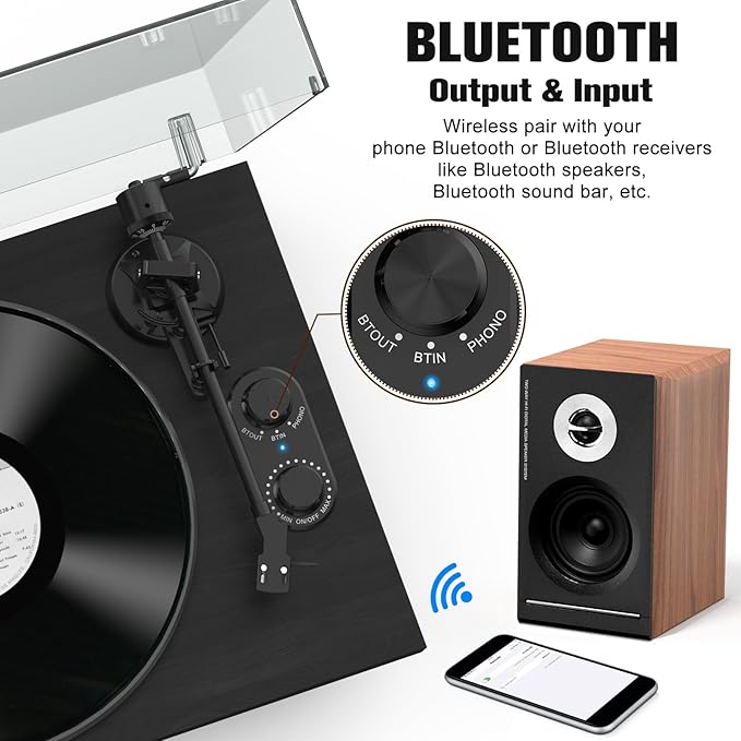 Udreamer Vinyl Record Player, Turntable with 40W Speakers, Bluetooth Input Output and USB Record, Vintage LP Player with AT-3600L Cartridge, Built-in Phono Preamp, Counterweight and Pitch, Black