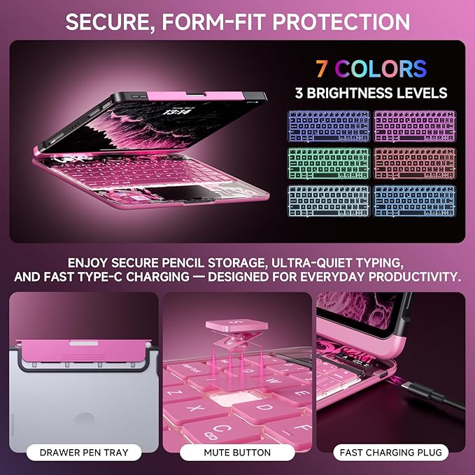 Transparent Case with Keyboard for iPad 9th (7th, 8th, and 9th Gen) 10.2 Inch,with 7-Color Backlit Wireless Keyboard,360°Rotatable Protective Case Multi-Touch Trackpad,with Pencil Holder,Pink