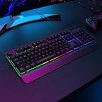 RisoPhy Gaming Keyboard, 104 Keys All-Metal Panel, Rainbow LED Backlit Silent Computer Keyboard, Wrist Rest, Multimedia Keys, Anti-Ghosting, Waterproof Light Up Wired Keyboard for PC Mac Gamer