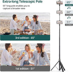 ATUMTEK 65" Selfie Stick Tripod, All in One Extendable Phone Tripod Stand with Bluetooth Remote 360° Rotation for iPhone and Android Phone Selfies, Video Recording, Vlogging, Live Streaming, Black
