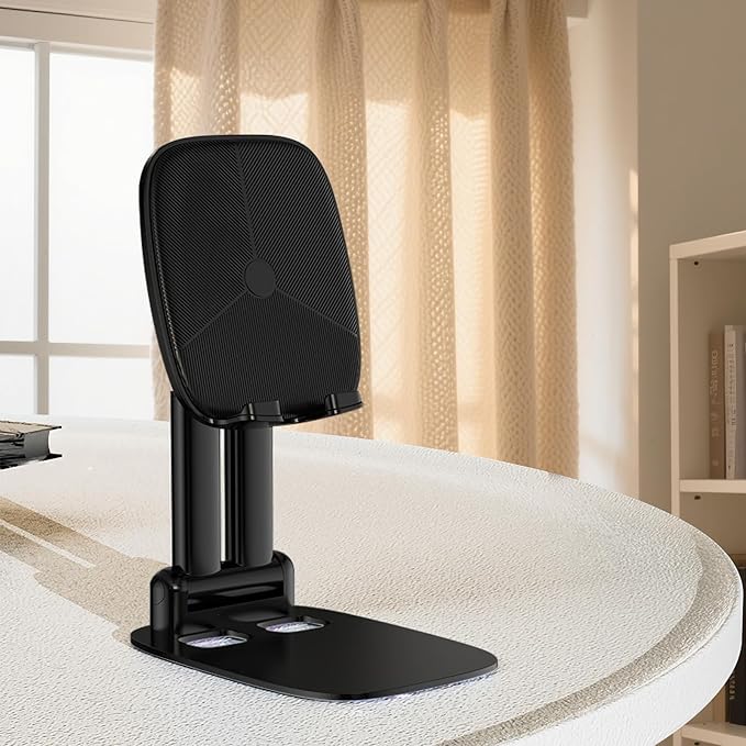 DEERLAMN Cell Phone Stand for Desk, Height Adjustable Cell Phone Holder Portable Desktop Stand, Travel Home Office Desk Accessories Compatible with iPhone 16/15/14/13/12/11 All Smartphone - Black