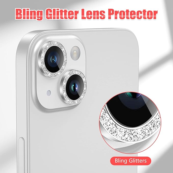 AGVEE 3+3 for iPhone 14 6.1" / 14 Plus 6.7" Camera Lens Protector, Bling Diamond & Bling Glitter Metal Ring 9H Tempered HD Glass Camera Protector Cover Film, Bling-Silver