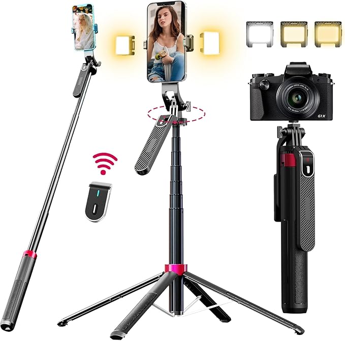 WOVTE 62" Selfie Stick with 2 Lights, Extendable Stand for iPhone, Selfie Stick with Remote, Portable Phone Tripod for Cell Phone Compatible with iPhone/Android, Camera & GoPro