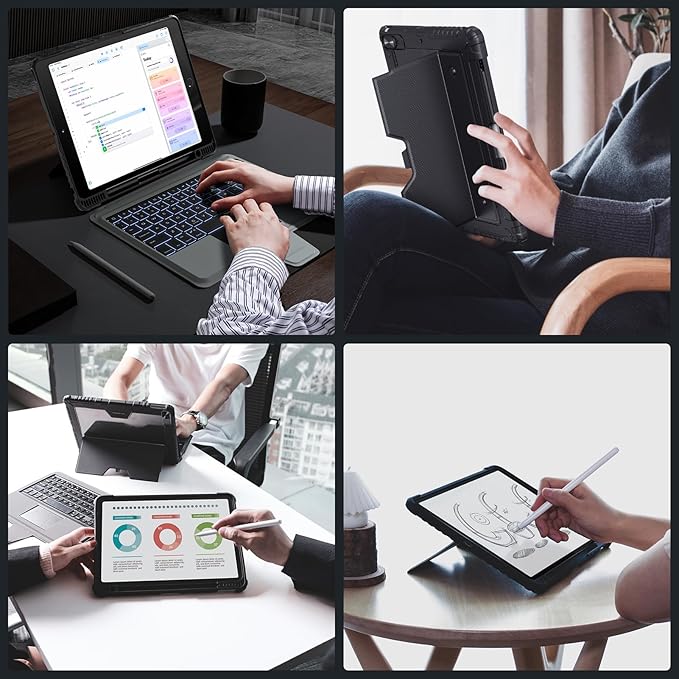 Nillkin iPad 9th Generation (10.2", 2021) Case with Detachable Keyboard, Magic Trackpad, 7-Colors Backlit, Portrait/Landscape Modes, Rugged Keyboard Case with Camera Cover for iPad 8th/7th Gen, Black