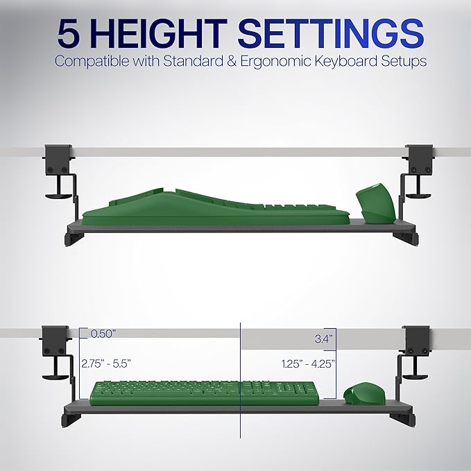 VIVO Large Height Adjustable Under Desk Keyboard Tray, C-clamp Mount System, 27(33 Including Clamps) x 11 inch Slide-Out Platform Computer Drawer for Typing, Black, MOUNT-KB05HB