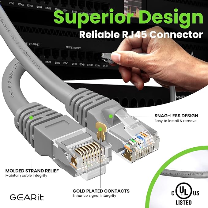 GEARit Cat 6 Ethernet Cable (1-Pack 100 Feet) Cat6 Network Patch, 10Gbps, RJ45, Snagless Cord, Gold-Plated Connectors, Internet for PC, TV, Tablet, Router, Printer, Servers, IT Data Center - Gray
