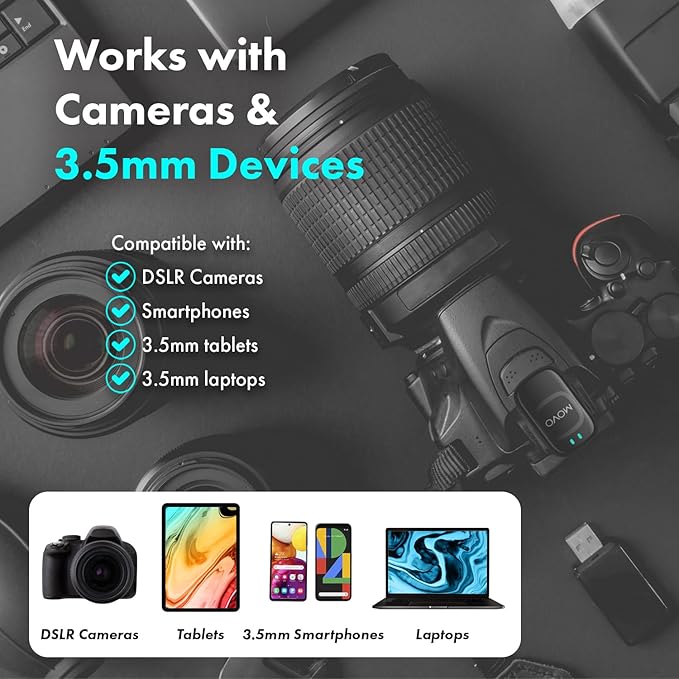 Movo NanoMic Wireless Lavalier Microphone for Camera – Clip-On TRS Wireless Mic System for DSLR, Camcorders, and Mirrorless Cameras – Dual Microphones with Charging Case for Video, Interviews