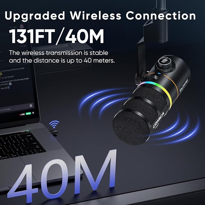 EJoy D10 PRO(D) Combo Dual-Channel Wireless USB Gaming Microphone – RGB Dynamic Mic with Wired/Wireless Modes, XLR/USB-C, Real-Time Monitoring, Studio Mic for Gaming, Streaming, Podcast, Recording
