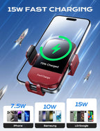 CHGeek Wireless Car Charger, 15W Fast Charging Auto Clamping Car Charger Phone Mount Phone Holder fit for iPhone 15 14 13 12 11 Pro Max Xs, Samsung Galaxy S25 Ultra S24 S23 S22, S21, S20, Red