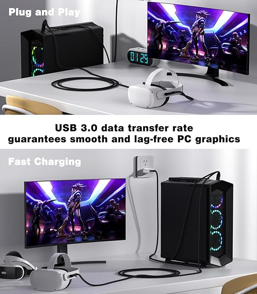 16FT VR Charging Link Cable | USB 3.0 High-Speed Data & Charge for Meta Quest 3S/3/2/Pro, Pico 4 and PC/SteamVR USB-C Charger Cord for VR Headset - Black