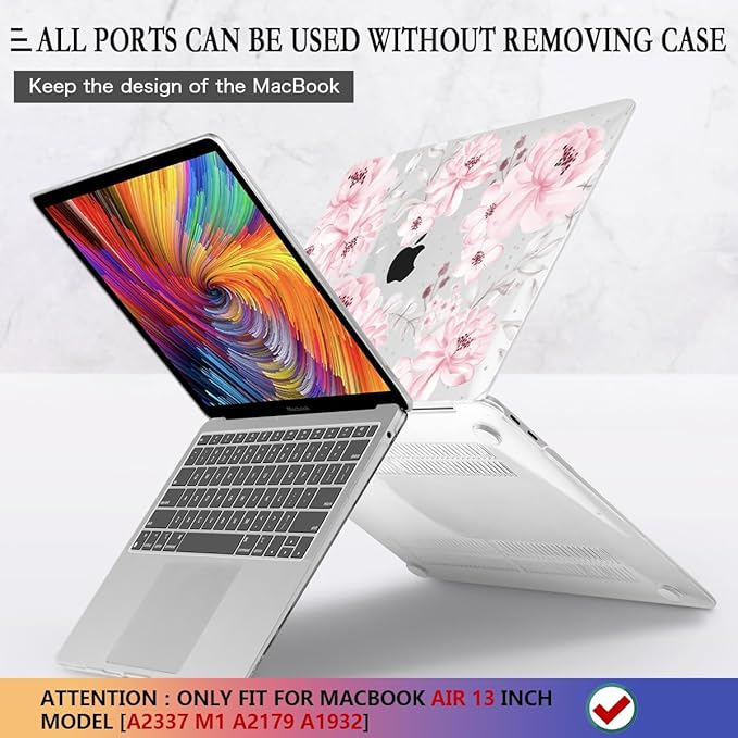 CISSOOK Compatible with MacBook Air 13 inch Case M1 Chip 2021 2020-2028 Release A2337 A2179 A1932 Model with Touch ID, Plastic Hard Shell Case & Keyboard Cover & Screen Protector, Cute Pink Flower
