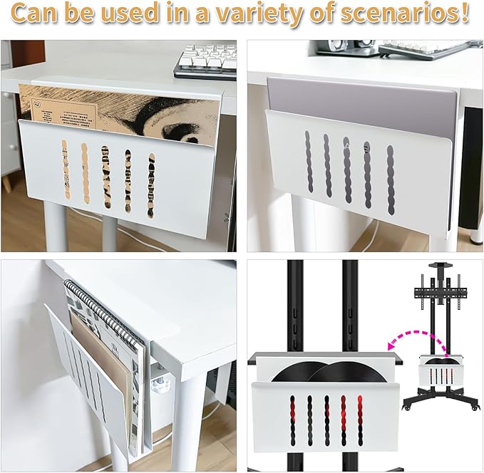 Desk Side Storage, Under Desk Storage, No Drill Steel Hanging Desk Organizer, Laptop Holder, Desk Storage Holder for Office & Home.(White)