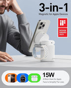 iWALK 3 in 1 Wireless Charging Stand with Auto Rotation, Charging Station with Magnet for Apple Devices, 15W Foldable Wireless Charger Station for iPhone 16 15 14 13 12 & Apple Watch & Airpods, White