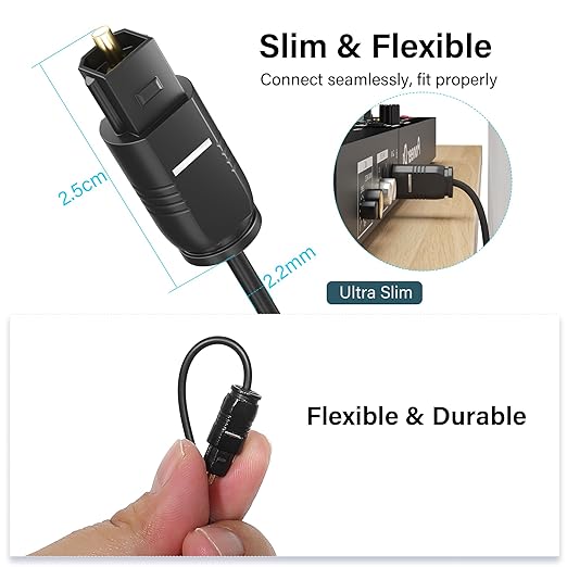 Adoreen Ultra-Thin Slim Digital Optical Audio Cable 50FT, Fiber Optic SPDIF Toslink Cord Gold-Plated High-Speed Flexible & Durable for TV Soundbar Home Theater Game Console PS4 Xbox Samsung +Ties