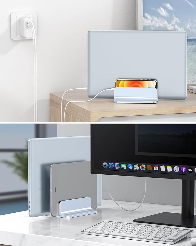 OMOTON [Updated Dock Version Vertical Laptop Stand, Double Desktop Stand Holder with Adjustable Dock (Up to 17.3 inch), Fits All MacBook/Surface/Samsung/HP/Dell/Chrome Book (Sky Blue)