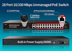 STEAMEMO 28 Port PoE Switch, 24 PoE+ Port@ 360W, 2 Gigabit Uplink, 2*1G SFP, 802.3af/at, Metal Casing 19-inch Rackmount, Overload Protection w/ Port, Unmanaged Plug and Play