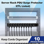 10 Outlets 1U Horizontal PDU Network Rackmount Power Strip with Surge Protector, (SPD-10KA) 100-240V,15A 3600 Joules, w/10 LED Switches and 6ft 14 AWG Cord, ETL Listed