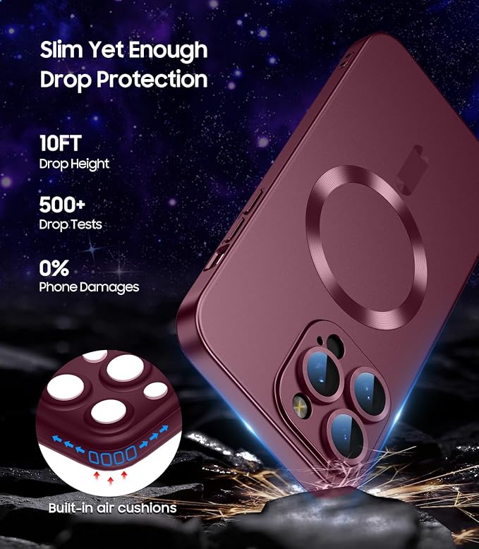 Magnetic for iPhone 15 Pro Max Case [Compatible with MagSafe][Built-in Camera Lens Protector] Slim Soft Silicone Bumper Shockproof Metallic Luster Phone Case (Burgundy)