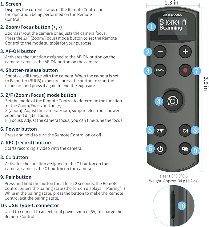 for Sony Camera Rechargeable Shutter Release, AODELAN Wireless Remote Control Zoom Focus Record Compatible with Sony ZV-E10,ZV-1F,ZV-1,A6400,A6700,A7C,A7III,A9,A9 II,DSC-RX0 II,Replace RMT-P1BT(Black)