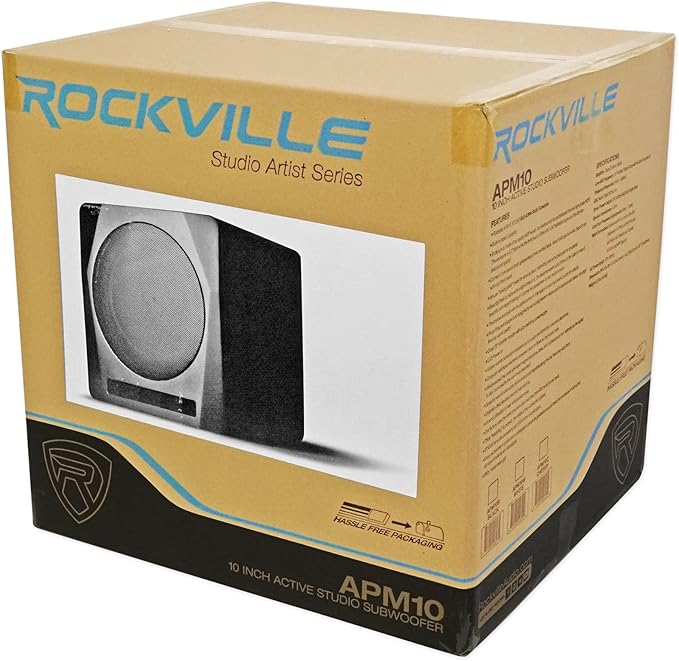 Rockville APM10B Active Studio Subwoofer in Black, 10"", 400W, MDF Wood, RCA/XLR/Optical, Front-Firing Port, Perfect for Studios and Music Production