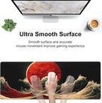 Red Moon Above The Sea Desk Mat,Large Chinese Style Landscape Gaming Keyboard Mouse Pad,Non-Slip Rubber Base Desk Pad Thick Stitched Edges Waterproof Mousepad Mouse Mat 31.5"x11.8"