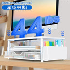 AUPSEN White Monitor Stand Riser, 2-Tier Wood Computer Desk Organizer with Drawer, Pen Storage & Phone Holder, Office Desk Accessories Desktop Organizer for Office Supplies