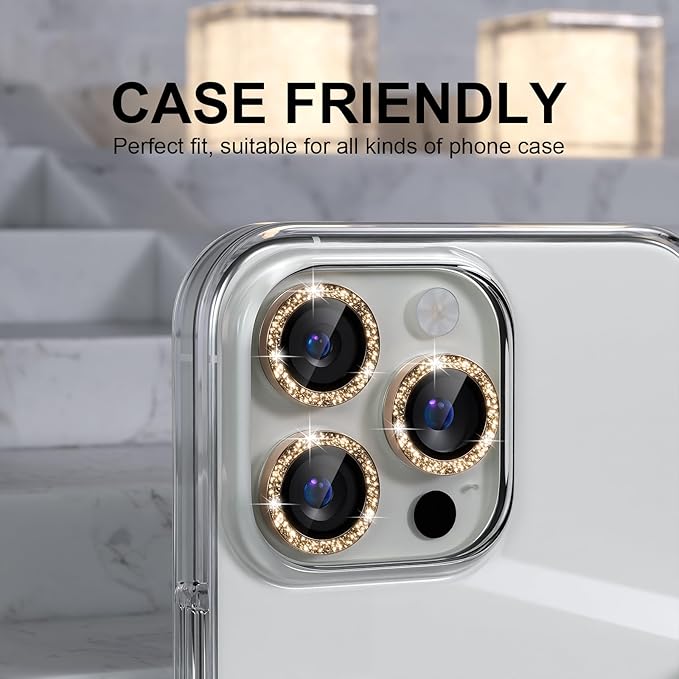Choiche Compatible for iPhone 16 Pro/iPhone 16 Pro Max Camera Lens Protector Bling, 9H Tempered Glass Camera Cover Screen Protector Metal Ring Decoration Accessories (Glitter-Gold)