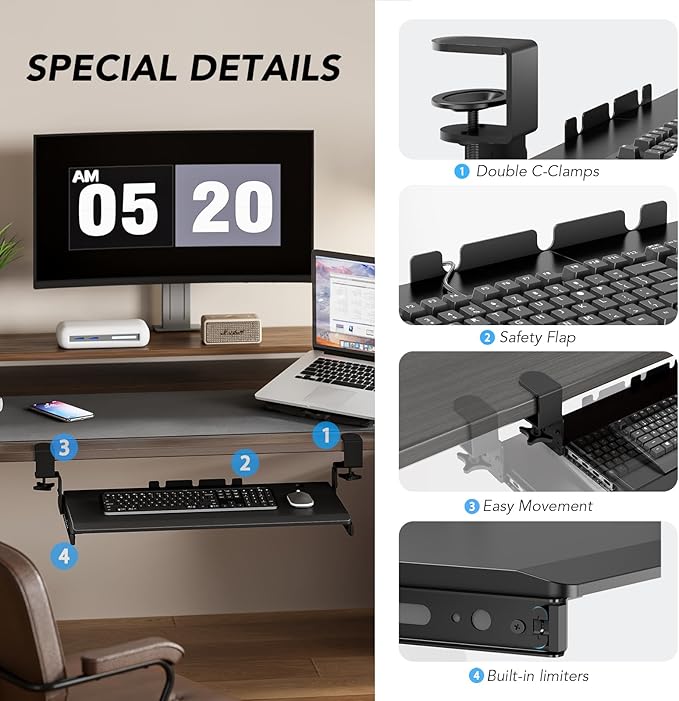 AX WABER Keyboard Tray Under Desk Pull Out with Extra Sturdy Adjustable C Clamp Mount System, 27.3 (32.5 inch Including Clamps) x 11 Inch Slide-Out Platform Computer Drawer for Typing, Black,AX01WB01