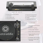 Record Player Wireless Output Turntable Carbon Fiber Tonearm Vinyl Player Aluminium Platter Belt-Drive LP Turn Tables 2 Speed RPM Phono RCA Line Output AT-3600L MM Cartridge Audio Sound Pure Black