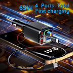 4 in 1 Retractable Car Charger,69W Car Charger USB C,Cigarette Lighter Adapter,Fast Charging for iPhone 16e/16/15/14,13,Samsung Galaxy,iPad,Pixel (Gray, for Dual Cord USB-C)