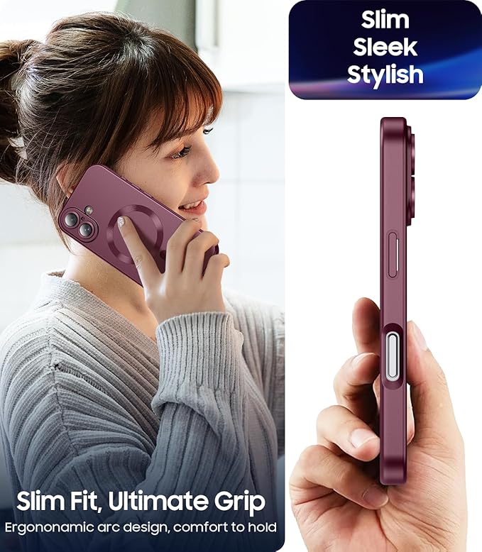 Magnetic for iPhone 16 Case [Compatible with MagSafe][Built-in Camera Lens Protector] Slim Soft Silicone Bumper Shockproof Metallic Luster Phone Case (Burgundy)