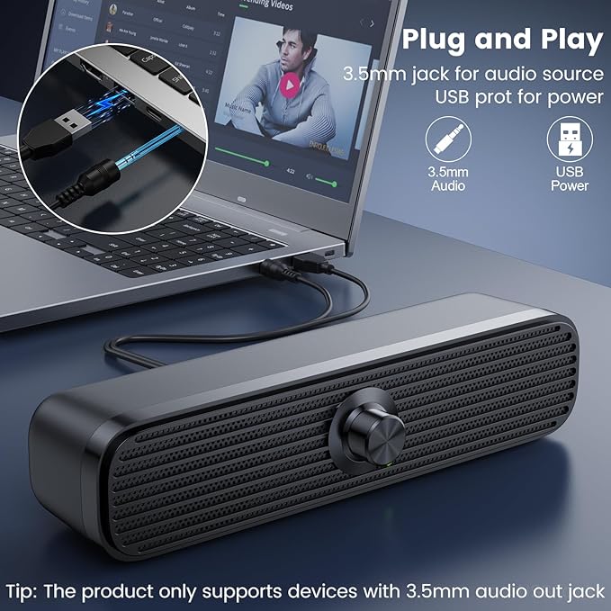 1Mii Computer Speakers for Desktop Laptop Tablet, USB Powered PC Speakers, Small Speakers Wired with Volume Control for Cellphone Pad MP3, Stereo Sound with 3.5mm Audio Plug for Windows Mac Linux PCs
