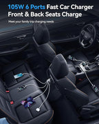 Rocoren 105W 6-Port Multiport Car Charger, PD Fast USB C Car Charger for Multiple Devices,Cigarette Lighter Adapter Car Travel Essentials for Road Trips with 5FT Cable,Car Accessories for iPhone 16/15