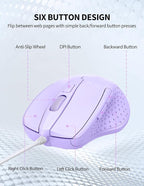 TECKNET Wired Mouse, 6-Button Corded with 4 Adjustable DPI, Optical Ergonomic Design, 5FT Cord for Laptop, Chromebook, PC, Desktop, Mac, Notebook - LT.Purple