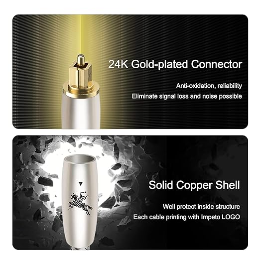 Digital Fiber Optic Audio Cable for Sound Bar Toslink Cord Male to Male 24K Gold Plated Connector Optical Audio Cable 6ft 10ft S/PDIF Glass Core, 3.3feet/1M IMP-2201