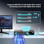 6 Ports 10Gb Unmanaged Ethernet Switch with 4*2.5G Base-T Ports, 2*10G RJ45 Ports. 60Gbps Switching Capacity, GiGaPlus 10Gbps Network Switch for 2.5G/10Gbps NAS/PC, WiFi6 Router, Wireless AP