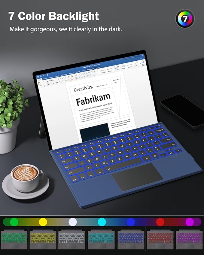 MoKo Type Cover Fit Microsoft Surface Pro 7 Plus/Pro 7/ Pro 6/ Pro 5/Pro 4/3, Ultra-Slim Wireless Bluetooth Tablet Keyboard with Trackpad, 7-Color LED Backlit, Built-in Rechargeable Battery, Indigo