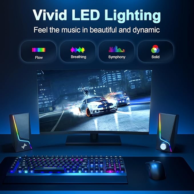 Computer Speakers, PC Speakers with 6 Lighting Modes, USB Powered Computer Speakers for Desktop Monitor with 2 Bass-Boost Ports, 2 Speaker Units, and 3.5mm Aux-in Cable for PC, Laptop, Tablet, Phone